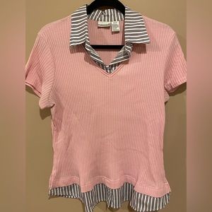 Fashion Bug pink short sleeve ribbed tee with striped collar
